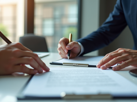 Eye-level view of a business lawyer reviewing legal documents with a client in a modern office