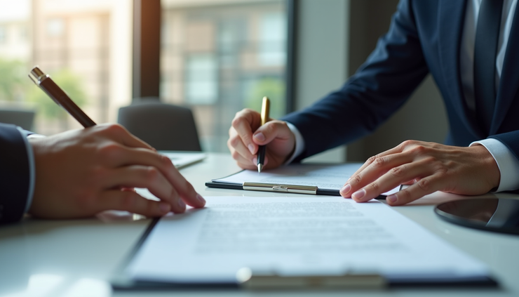 Eye-level view of a business lawyer reviewing legal documents with a client in a modern office