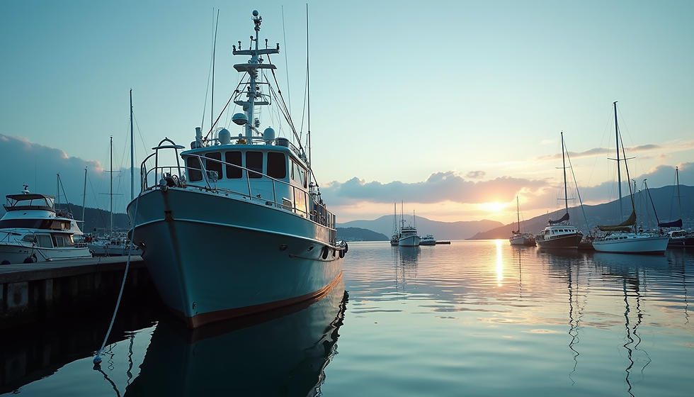 Eye-level view of a commercial fishing vessel docked at a marina with calm water reflecting the hull
