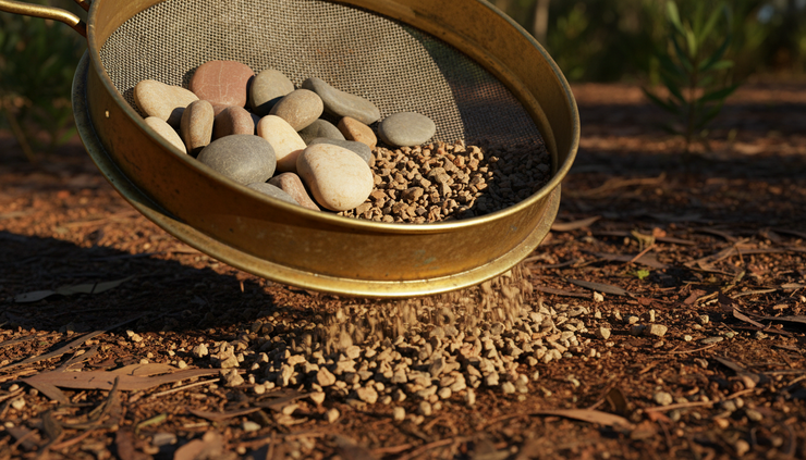 Close-up view of a brass sieve sorting smooth stones from coarse gravel