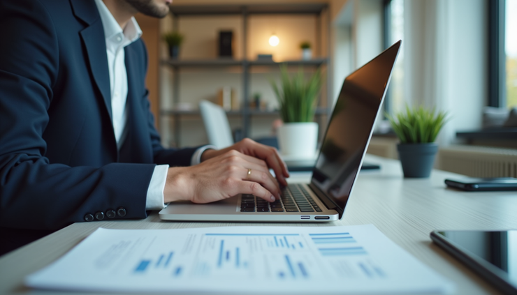 Eye-level view of a business consultant reviewing client records on a laptop