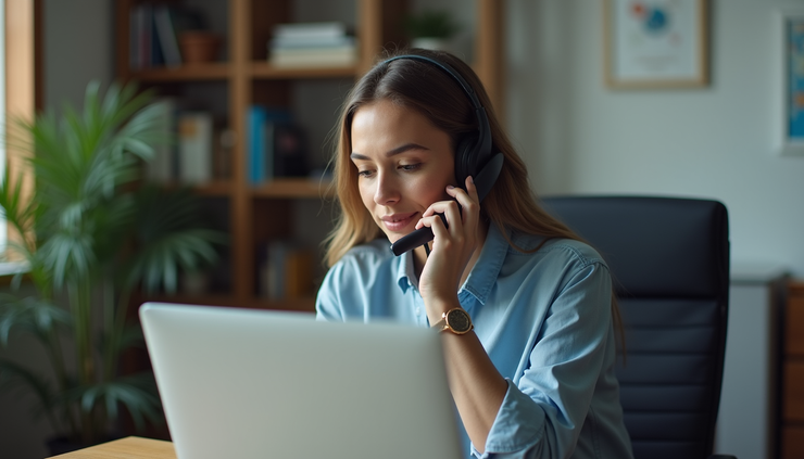 Eye-level view of a person making a phone call with a headset in a quiet home office