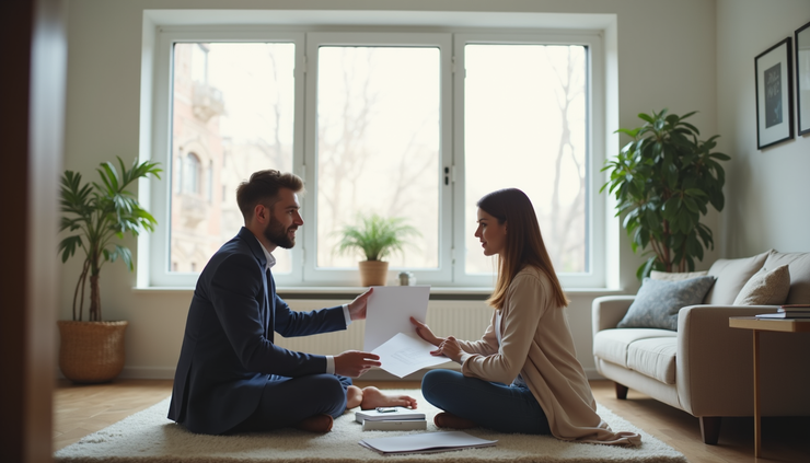 Eye-level view of a real estate agent discussing home options with a client in a bright living room