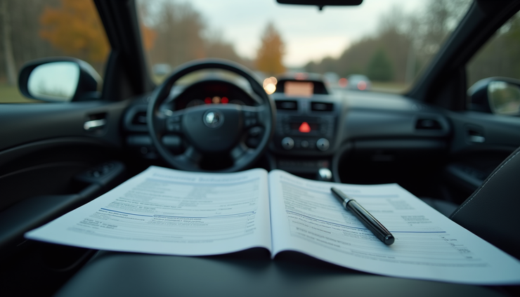 Eye-level view of a car dashboard with insurance documents and a pen