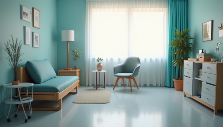 Eye-level view of occupational therapistās consultation room with therapy equipment