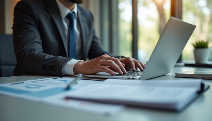 Eye-level view of a mortgage broker reviewing client loan enquiries on a laptop