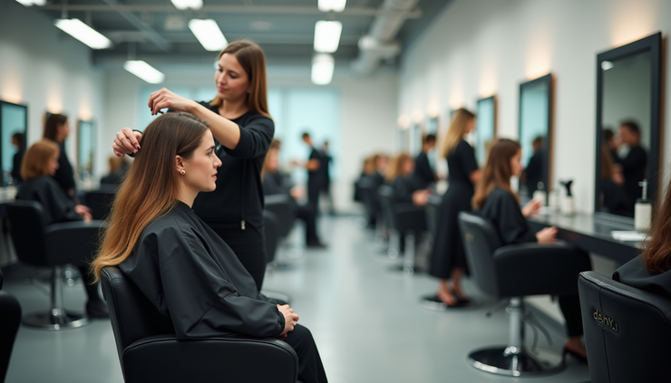 Eye-level view of a hairdressing college classroom with students practicing styling techniques