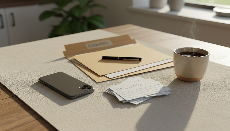 Wide-angle view of a kitchen table with a mobile phone, handwritten enquiry cards and a folder of old customer notes.