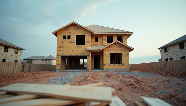 Eye-level view of a construction site with a partially built house and construction materials