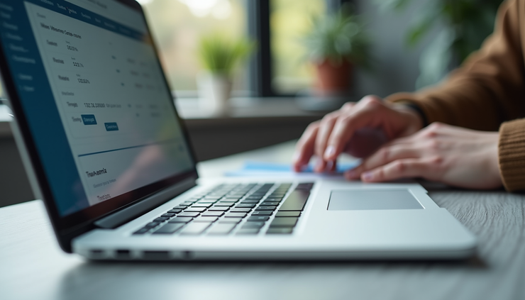 Eye-level view of a personal loan providerās desk with a laptop showing loan enquiry data