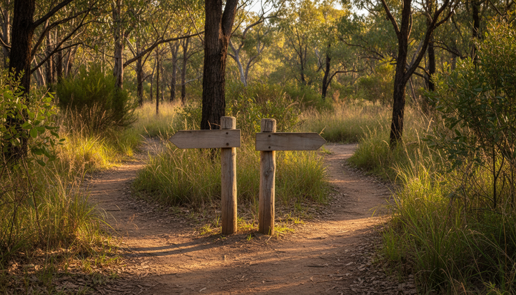 Eye-level view of wooden trail markers pointing to different paths in open bushland