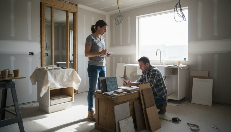 Eye-level view of a homeowner standing near a half-finished kitchen renovation with material samples on a crate.