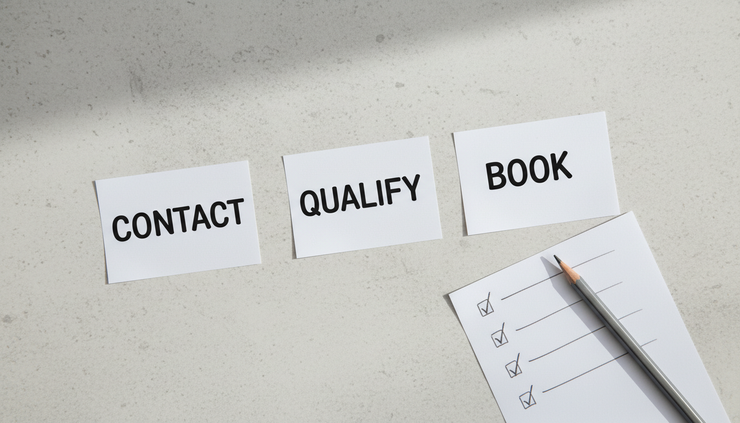Overhead view of three labelled paper cards reading contact, qualify and book on a stone benchtop.