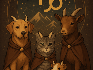 Dog, cat, guinea pig, and goat in hooded cloaks with Capricorn symbol in starry mountain background. Comic, mystical mood.