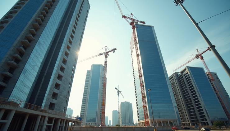 Eye-level view of a commercial building site with cranes and partially constructed office blocks