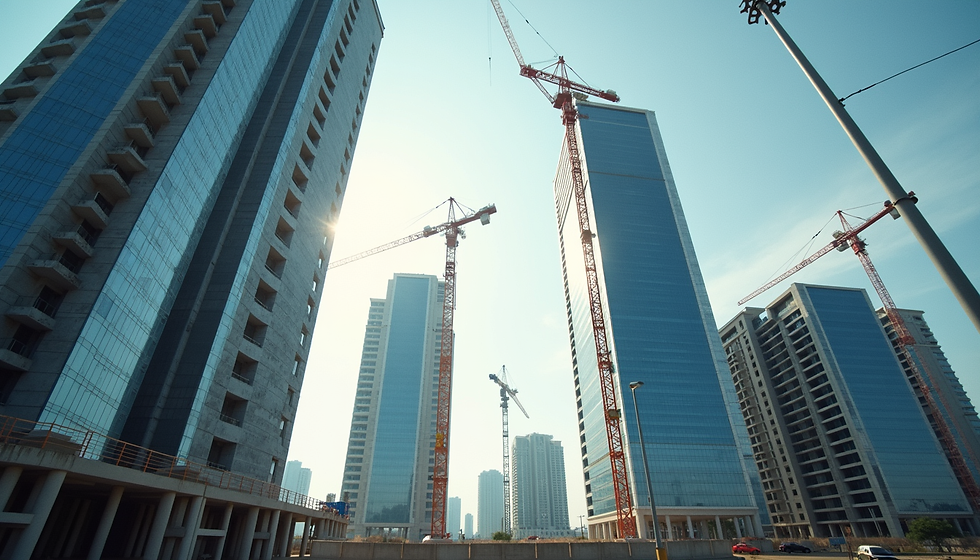 Eye-level view of a commercial building site with cranes and partially constructed office blocks
