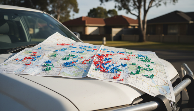 Eye-level view of a paper road map marked with postcode boundaries and coloured pins.