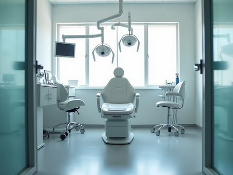 Eye-level view of a plastic surgeon’s consultation room with a patient chair and medical equipment