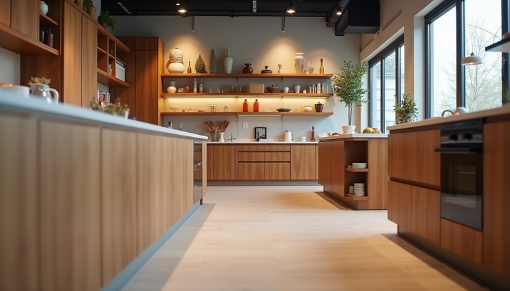 Eye-level view of a custom kitchen cabinet showroom with various wood finishes and designs