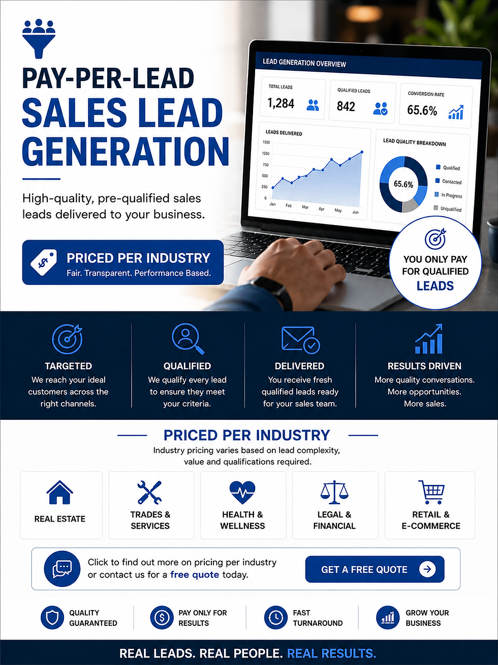 Blue-white marketing graphic with laptop analytics and hand, promoting PAY-PER-LEAD SALES LEAD GENERATION and free quote.