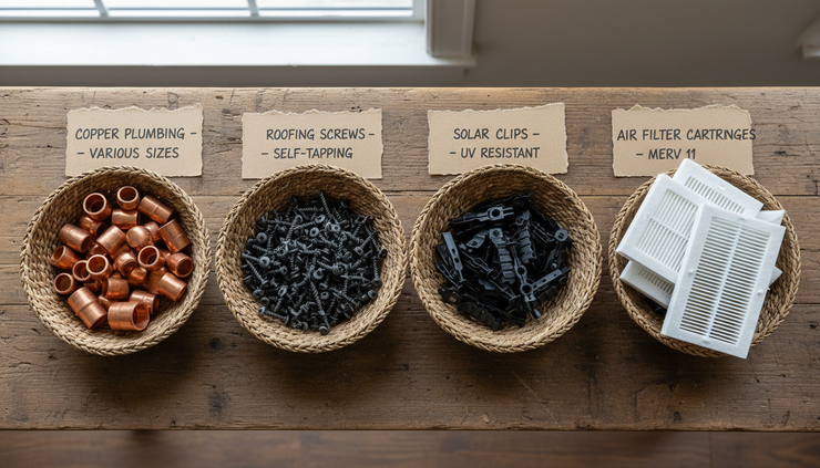 Overhead view of separate baskets filled with matching trade materials and handwritten requirement cards