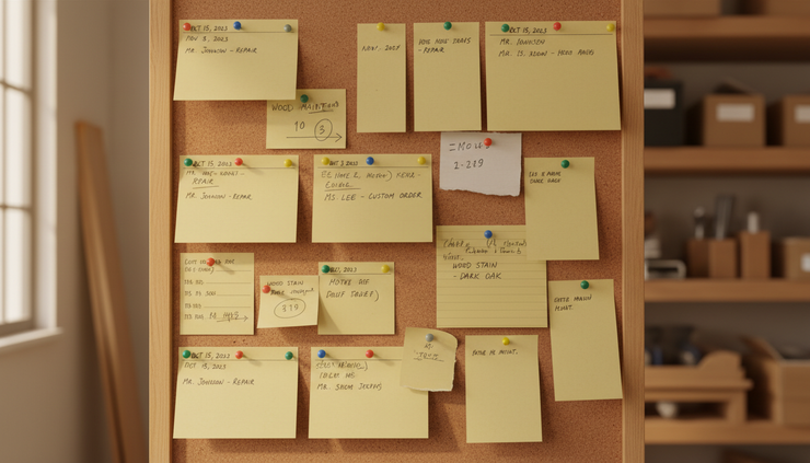 Eye-level view of a corkboard holding dated enquiry cards and coloured pins in a small workshop storeroom