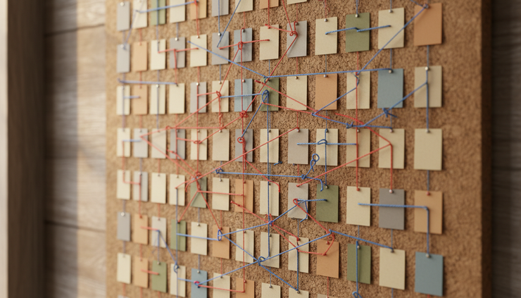 Eye-level view of a community noticeboard with coloured string connecting cards