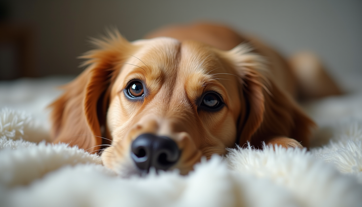 Close-up view of a calm dog lying on a soft blanket, showing gentle and dreamy eyes