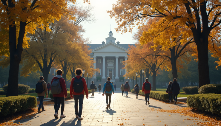 Eye-level view of a private college campus entrance with clear signage and students walking