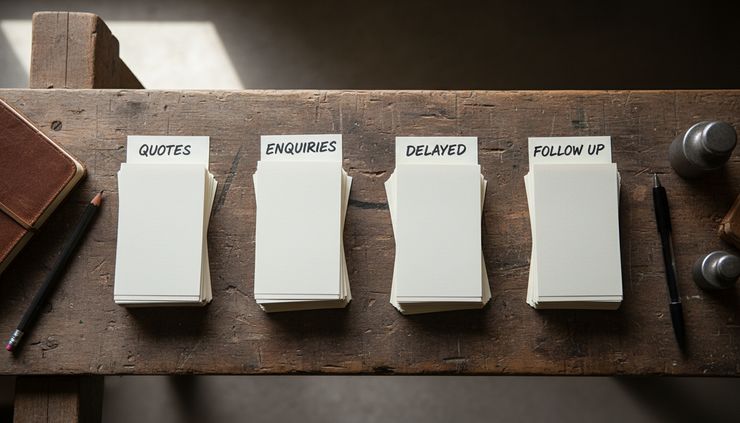 Overhead view of sorted paper contact cards arranged into small labelled piles on a timber bench