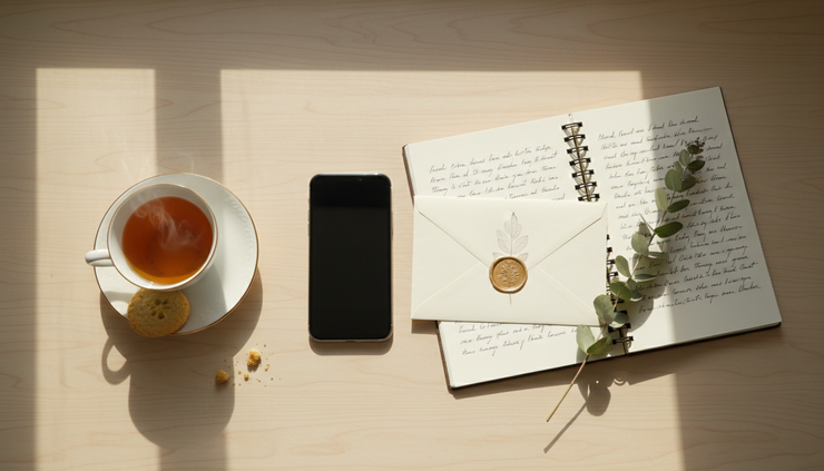 Overhead view of a phone, notepad and envelope on a kitchen bench