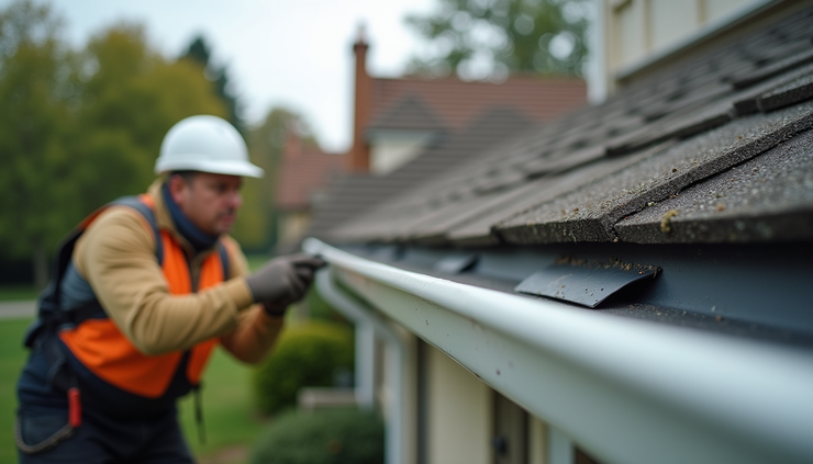 Eye-level view of a technician inspecting a residential gutter system