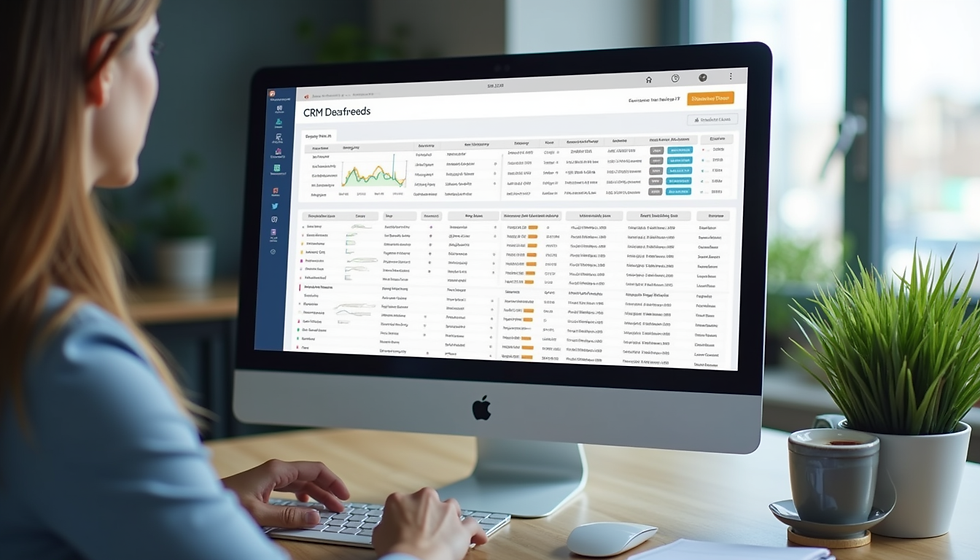 Eye-level view of a computer screen showing a CRM dashboard with sales lead data