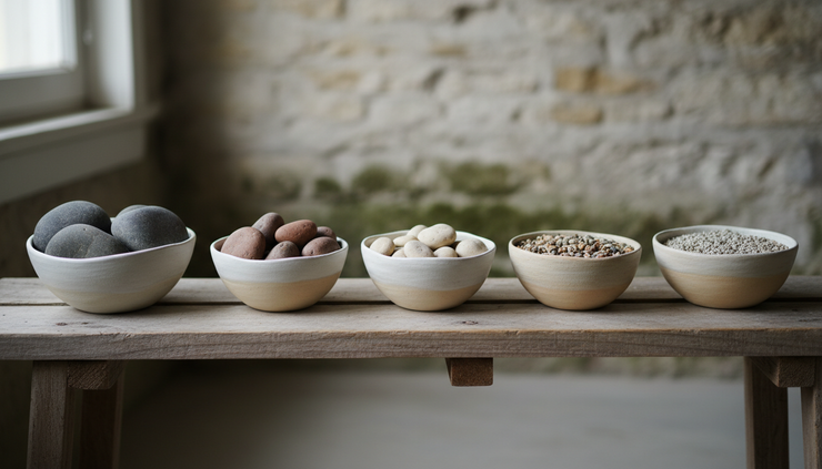 Eye-level view of ceramic bowls sorting different sized stones on a wooden bench.