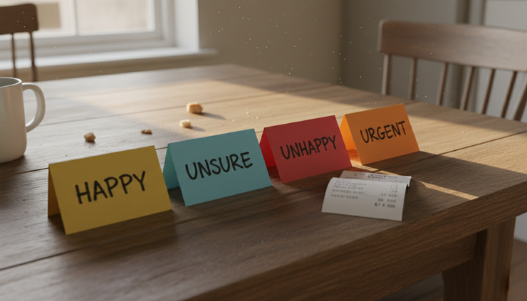 Eye-level view of coloured satisfaction cards beside a service receipt