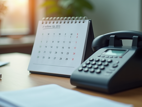 Eye-level view of a phone and calendar on a desk, symbolising scheduled follow-up calls