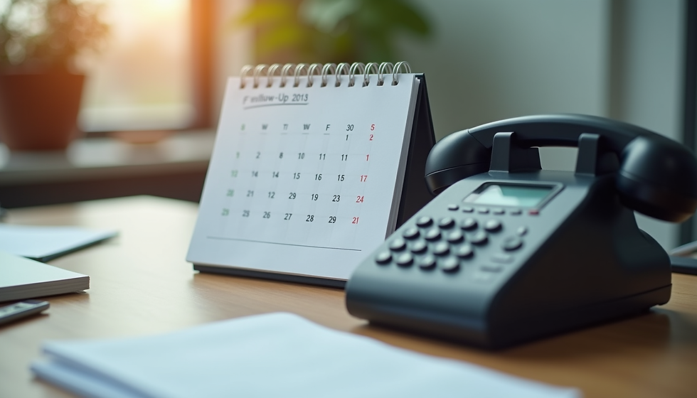 Eye-level view of a phone and calendar on a desk, symbolising scheduled follow-up calls