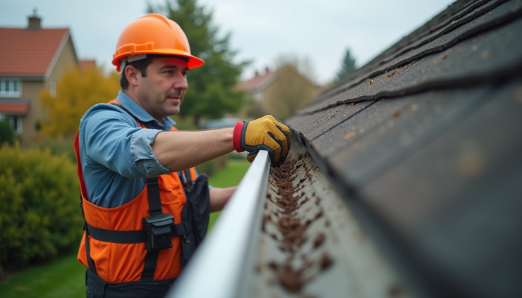 Eye-level view of a guttering contractor inspecting a residential gutter system