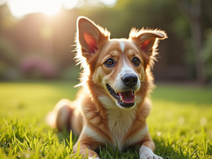 Eye-level view of a curious dog sitting in a sunny garden