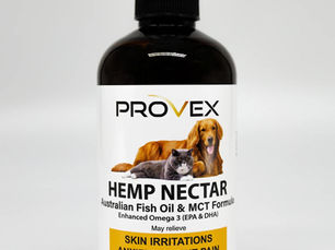 Bottle of Provex Hemp Nectar with dog and cat image, claims Omega 3 benefits for skin, anxiety, and joint pain. White background.