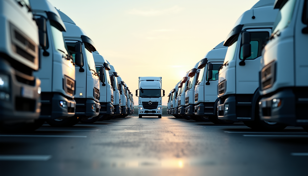 Eye-level view of a fleet of commercial vehicles parked in a lot