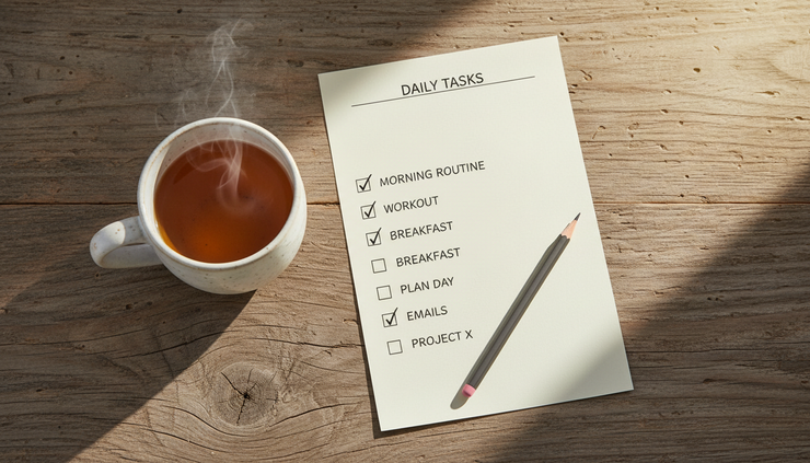 Overhead view of a paper checklist and a cup of tea on a timber table