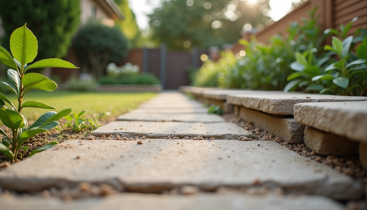 Eye-level view of a freshly constructed sandstone retaining wall in a suburban garden
