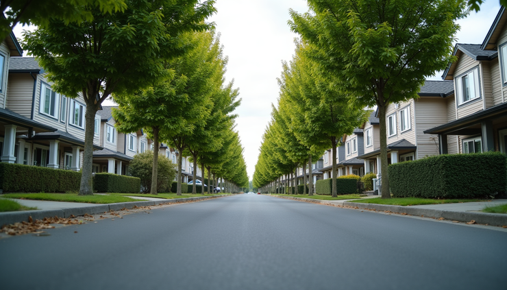 Eye-level view of a suburban street with modern houses and tree-lined sidewalks