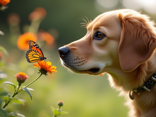 Eye-level view of a curious dog looking at a fluttering butterfly in a garden