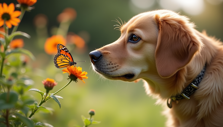 Eye-level view of a curious dog looking at a fluttering butterfly in a garden
