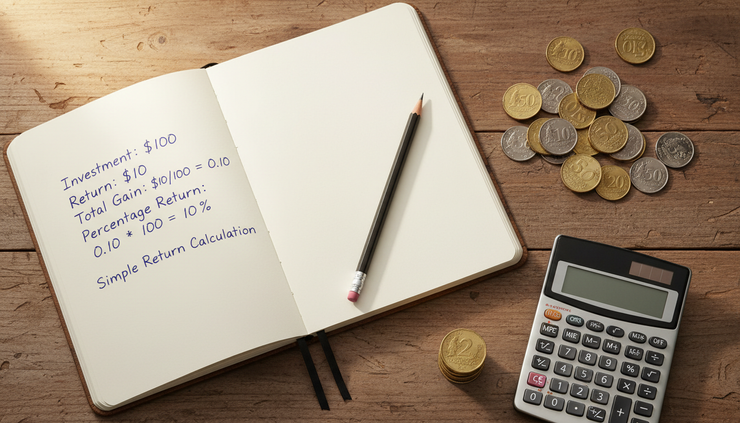 Overhead view of a notebook showing a simple return calculation beside coins and a pencil.