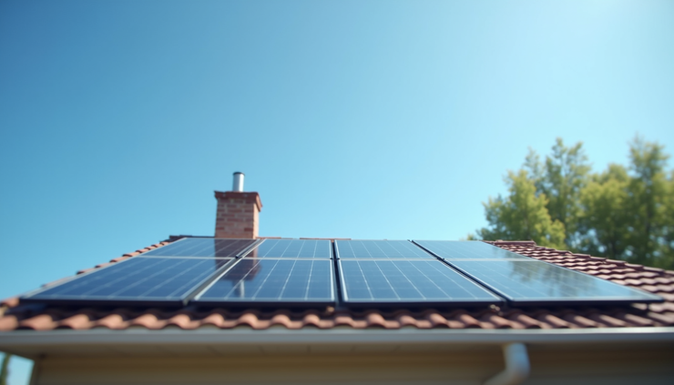 Eye-level view of a solar panel installation on a residential rooftop with clear blue sky