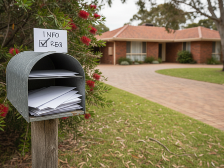 Wide-angle view of a suburban letterbox with envelopes and a ticked information request card.