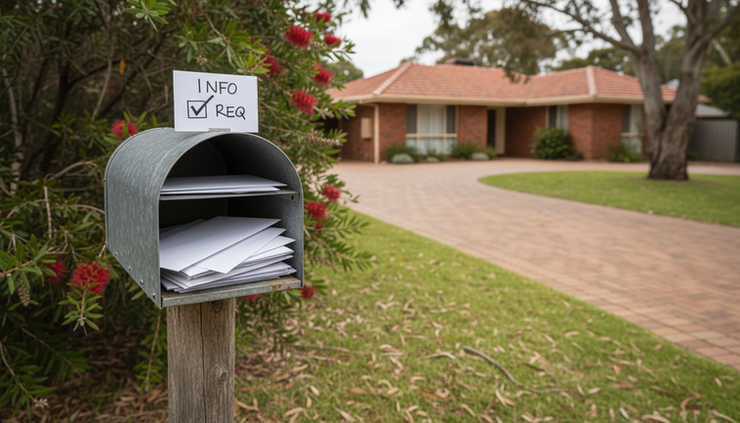 Wide-angle view of a suburban letterbox with envelopes and a ticked information request card.